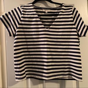 Madewell V Neck Navy and Cream Striped Shirt
